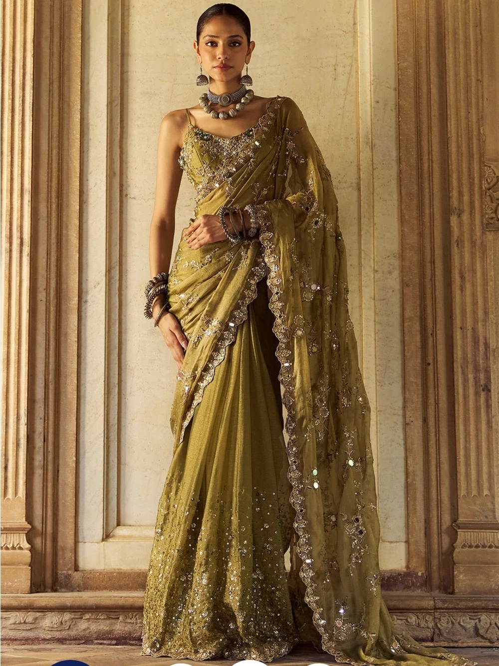 Embroidered Olive Green Wedding Saree Dress with Scalloped Trim